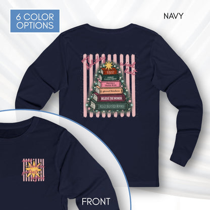 christmas-book-tree-unisex-long-sleeve-tee-holiday-activism-shirt-literary-activist-top-reader-gift-navy