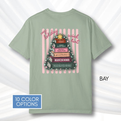 christmas-book-tree-unisex-tee-holiday-activism-tshirt-literary-activist-top-reader-gift-bibliophile-comfort-colors-bay