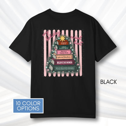 christmas-book-tree-unisex-tee-holiday-activism-tshirt-literary-activist-top-reader-gift-bibliophile-comfort-colors-black