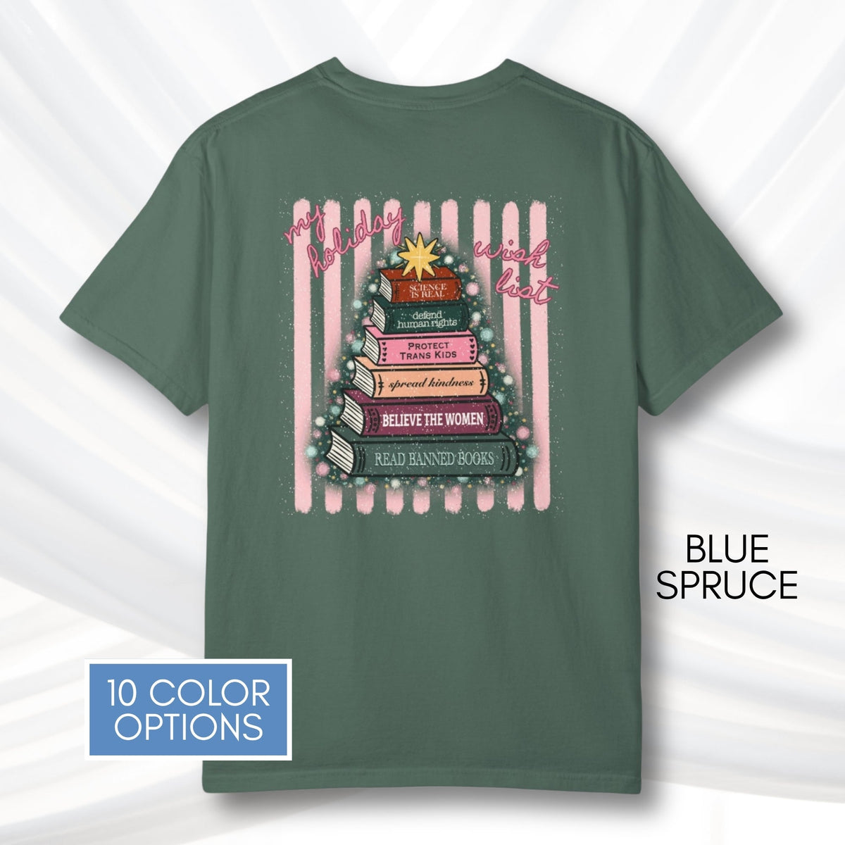 christmas-book-tree-unisex-tee-holiday-activism-tshirt-literary-activist-top-reader-gift-bibliophile-comfort-colors-blue-spruce