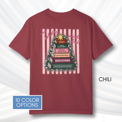 christmas-book-tree-unisex-tee-holiday-activism-tshirt-literary-activist-top-reader-gift-bibliophile-comfort-colors-chili