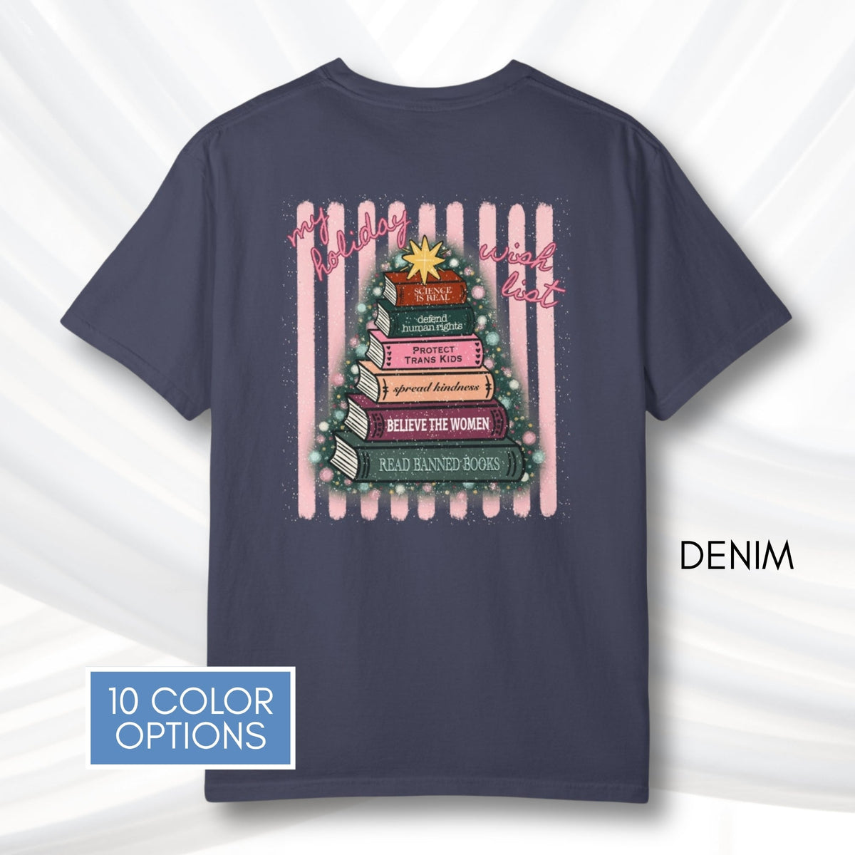 christmas-book-tree-unisex-tee-holiday-activism-tshirt-literary-activist-top-reader-gift-bibliophile-comfort-colors-denim