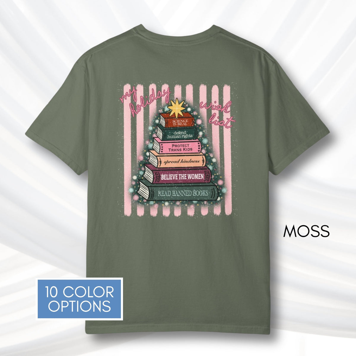 christmas-book-tree-unisex-tee-holiday-activism-tshirt-literary-activist-top-reader-gift-bibliophile-comfort-colors-moss