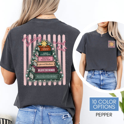 christmas-book-tree-unisex-tee-holiday-activism-tshirt-literary-activist-top-reader-gift-bibliophile-comfort-colors-pepper