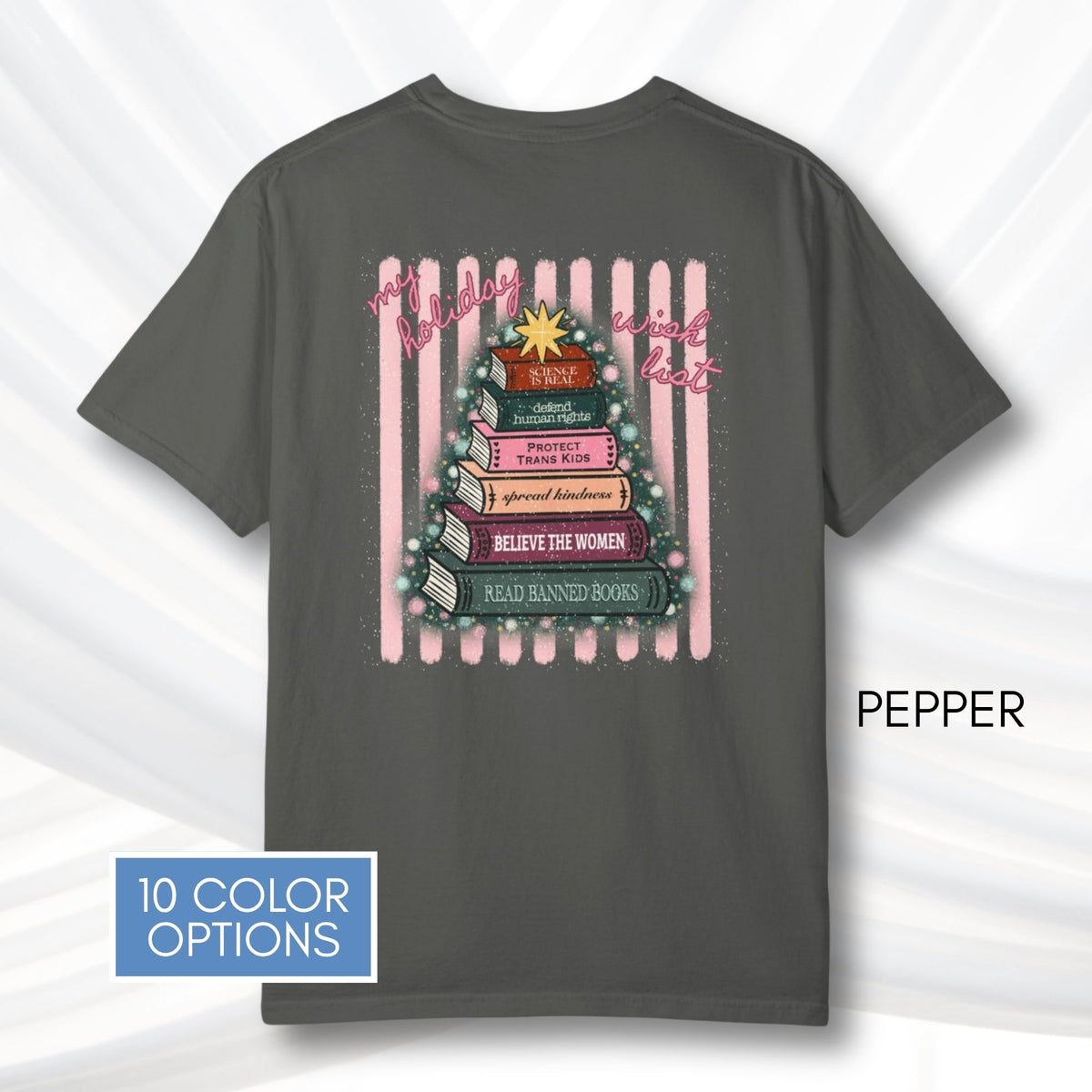 christmas-book-tree-unisex-tee-holiday-activism-tshirt-literary-activist-top-reader-gift-bibliophile-comfort-colors-pepper