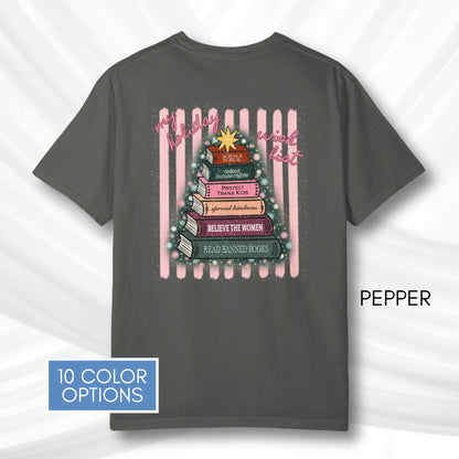 christmas-book-tree-unisex-tee-holiday-activism-tshirt-literary-activist-top-reader-gift-bibliophile-comfort-colors-pepper
