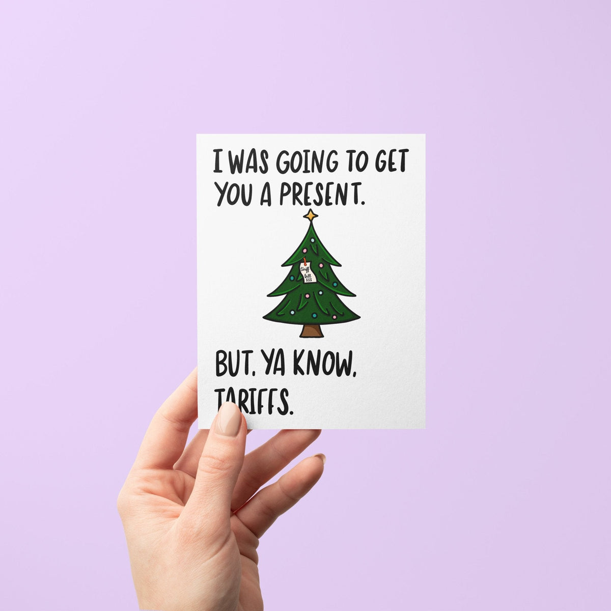 Christmas Present Tariffs holiday card flat lay — funny budget humor Christmas card by indie artist MangoIllustrated