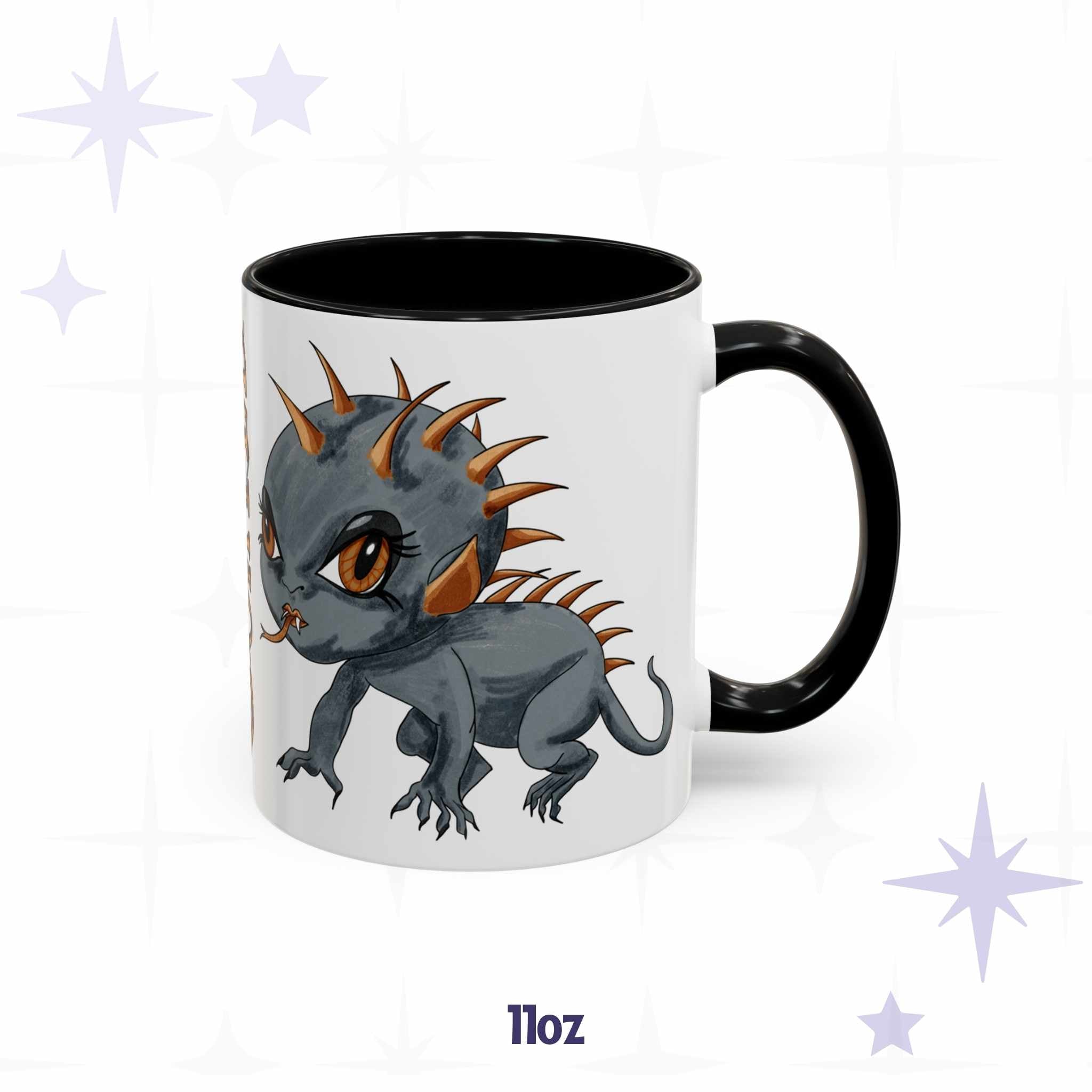 Chibi Chupacabra coffee mug in 11 oz, black-handled accent mug with spiny gray cryptid art