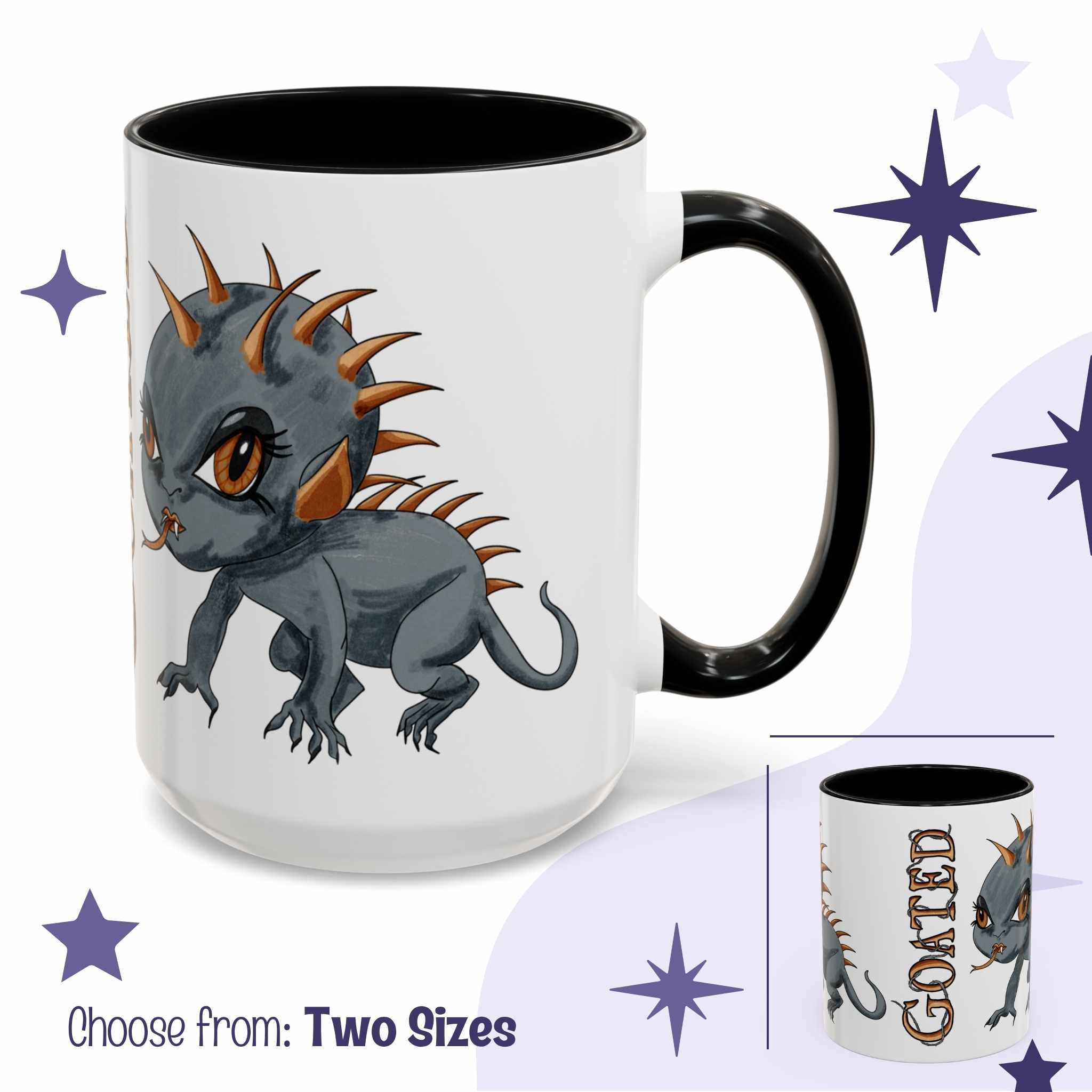 Cute Chupacabra cryptid mug in white with black handle, chibi spiny figure with GOATED reveal inset, two sizes