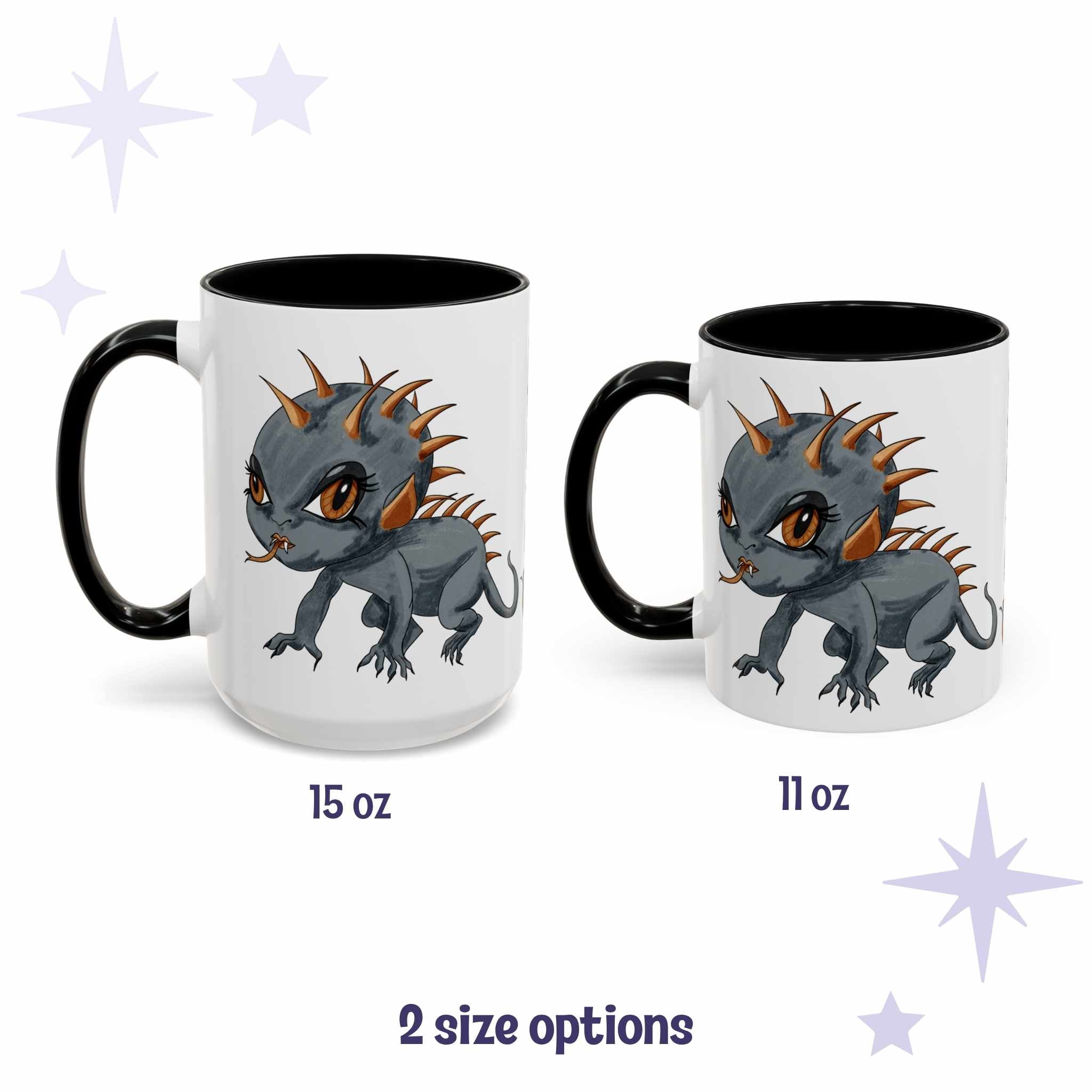 Chibi Chupacabra cryptid mug shown in 15 oz and 11 oz, white ceramic with black interior and handle