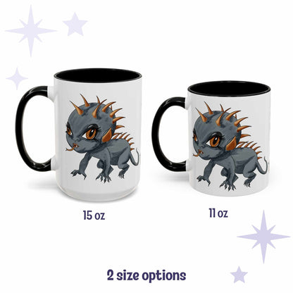 Chibi Chupacabra cryptid mug shown in 15 oz and 11 oz, white ceramic with black interior and handle