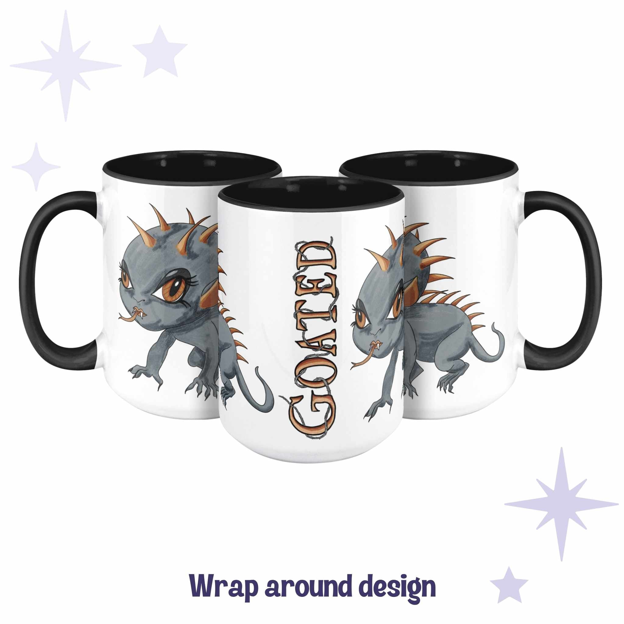 Chibi Chupacabra mug shown across three angles as a wrap-around design with GOATED in rust-orange lettering