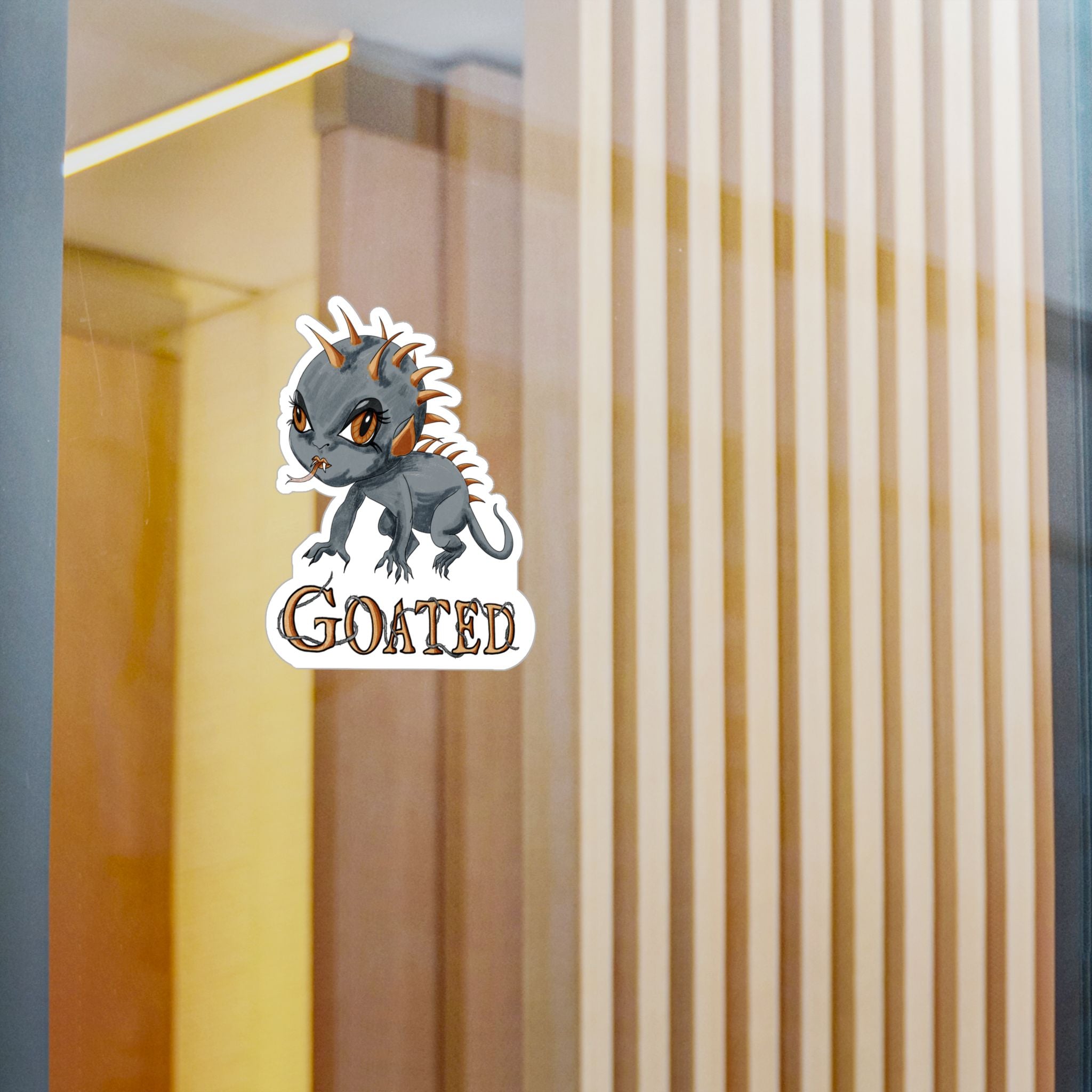 Medium chupacabra cryptid sticker on a glass window in a modern interior