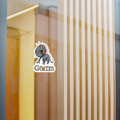 Small chupacabra cryptid sticker on a glass window in a modern interior