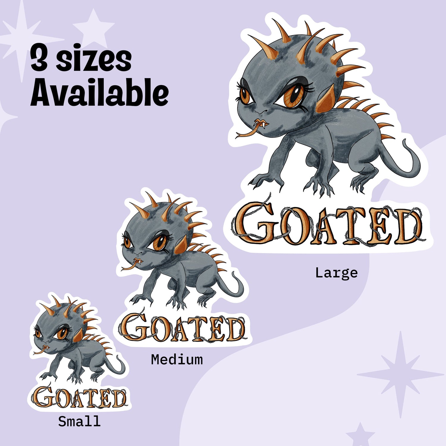 Chibi chupacabra cryptid sticker shown in small, medium, and large sizes on a lavender background