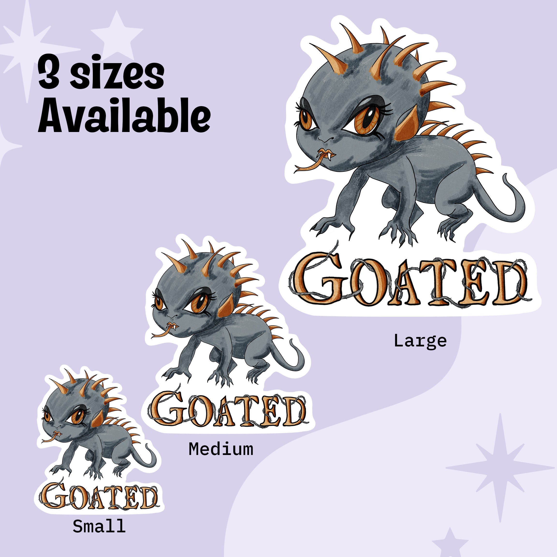 Chibi chupacabra cryptid sticker shown in small, medium, and large sizes on a lavender background