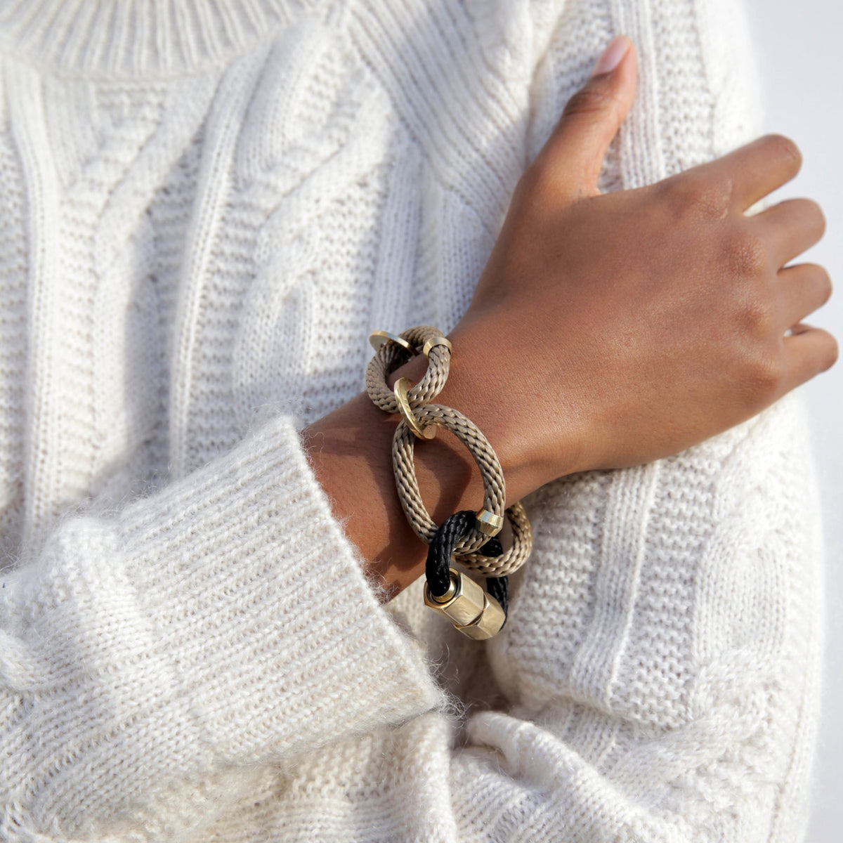 Circe Beige, Black &amp; Brass Looped Bracelet