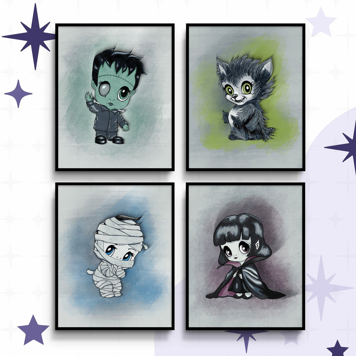 Classic monster art print set of four chibi characters in black frames: waving green Frankenstein, gray werewolf on chartreuse, blue-eyed mummy, and caped vampire girl.