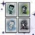 Classic monster art print set of four chibi characters in black frames: waving green Frankenstein, gray werewolf on chartreuse, blue-eyed mummy, and caped vampire girl.