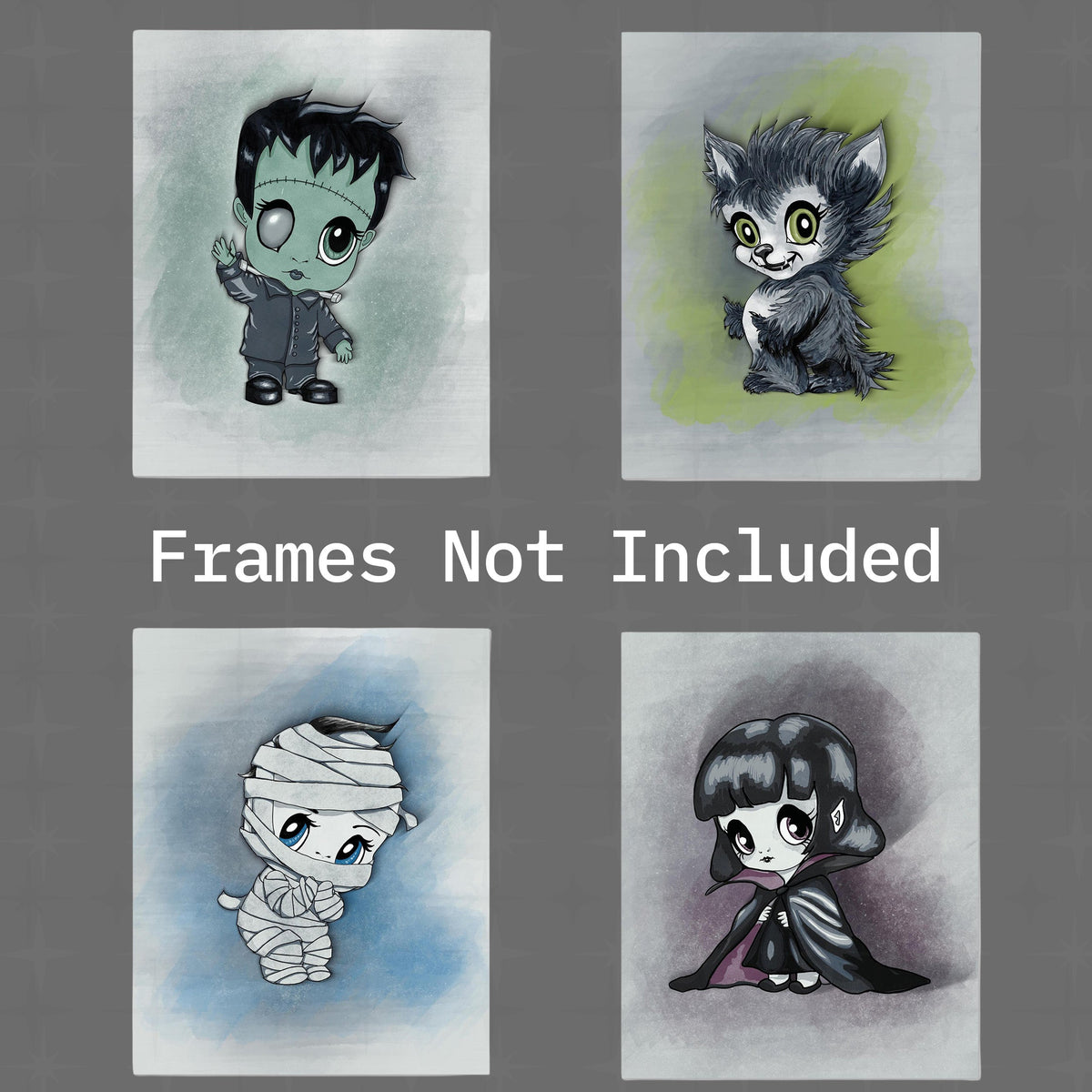 Four unframed classic monster art prints arranged in a grid on gray with the words Frames Not Included across the center.