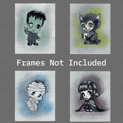 Four unframed classic monster art prints arranged in a grid on gray with the words Frames Not Included across the center.