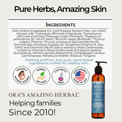 Clean Body Oil 7.5oz Informative Ingredient Tile
