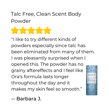 Product review for talc-free body powder with a star rating and customer comment.