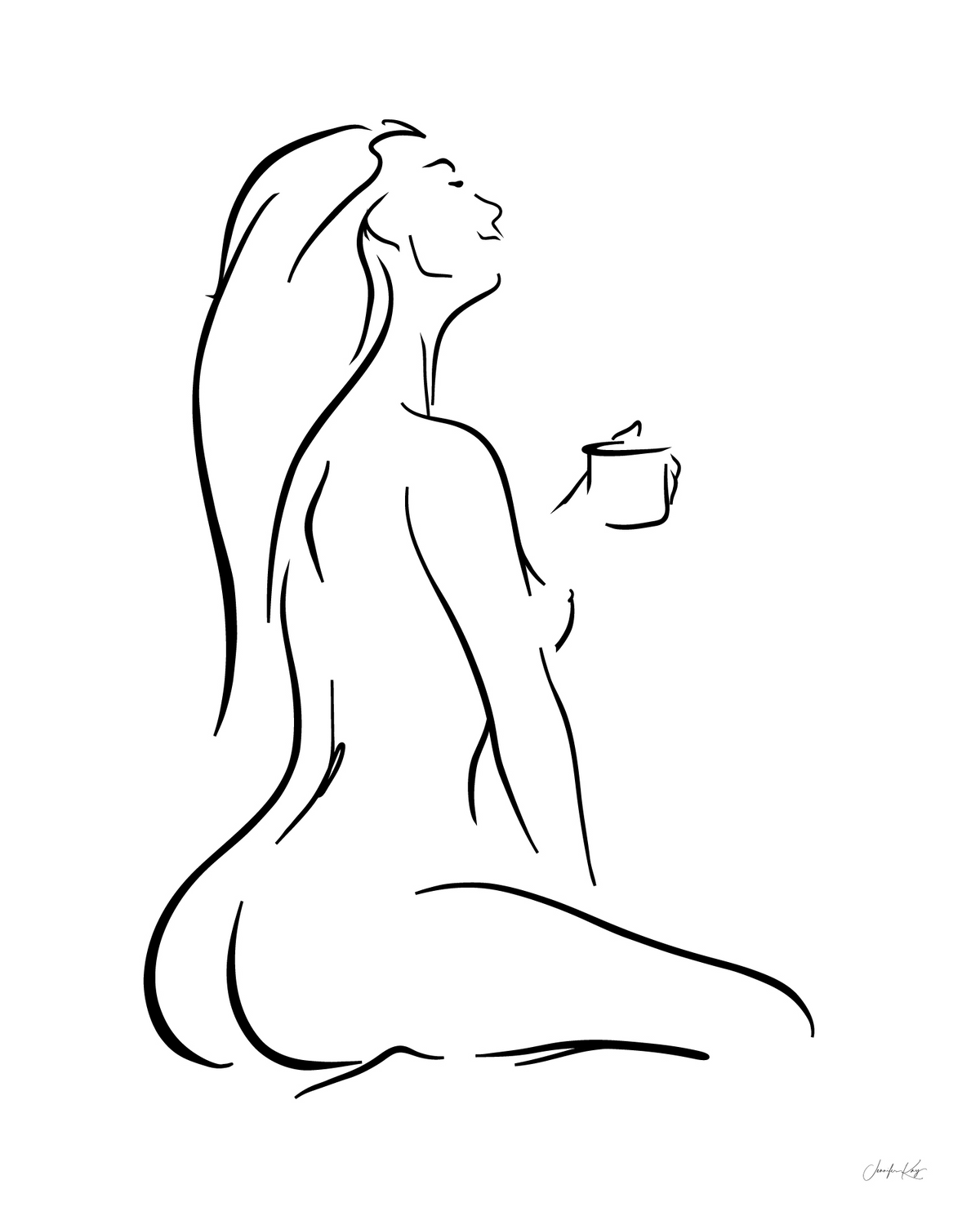 Black and white elegant line art illustration of a sensual woman enjoying her first cup of coffee, head tilted back, in a peaceful pose, titled "But First, Coffee"