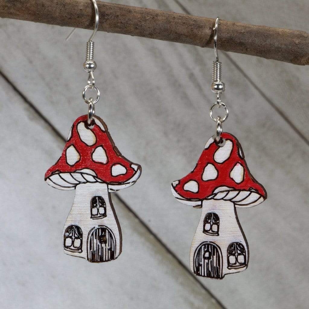Hand-painted wooden enchanted mushroom dangle earrings with whimsical fantasy forest design and hypoallergenic sterling silver hooks, cottagecore boho statement jewelry earrings