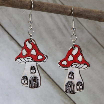 Hand-painted wooden enchanted mushroom dangle earrings with whimsical fantasy forest design and hypoallergenic sterling silver hooks, cottagecore boho statement jewelry earrings