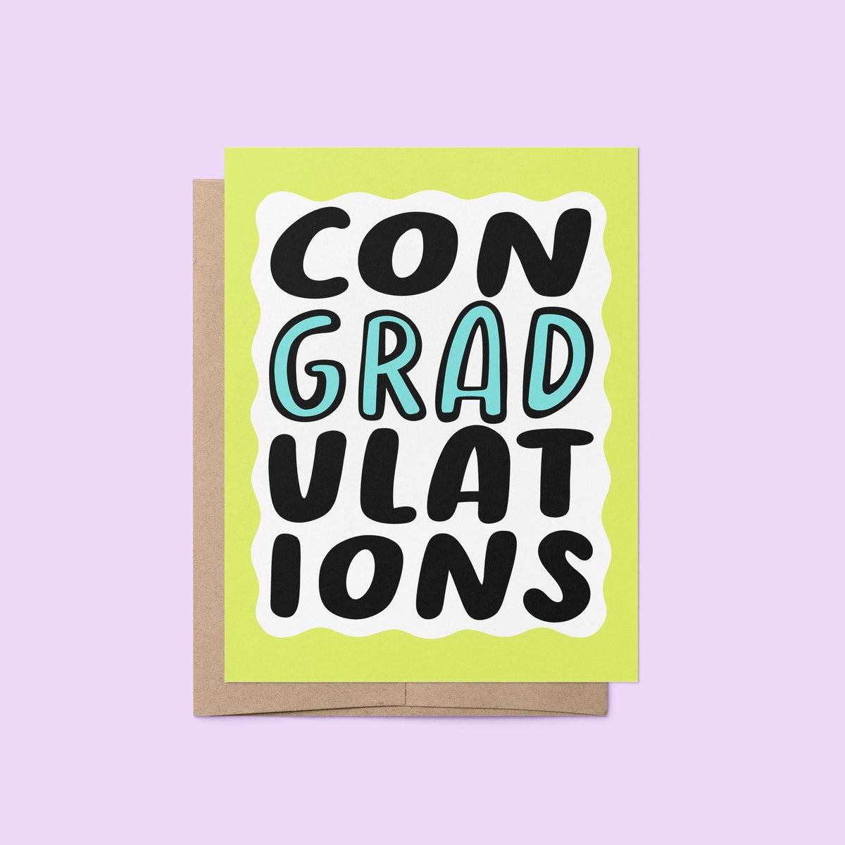 ConGRADulations graduation card — hand lettered conGRADulations greeting inside a bright green squiggle border, 4.25 x 5.5 in, by MangoIllustrated