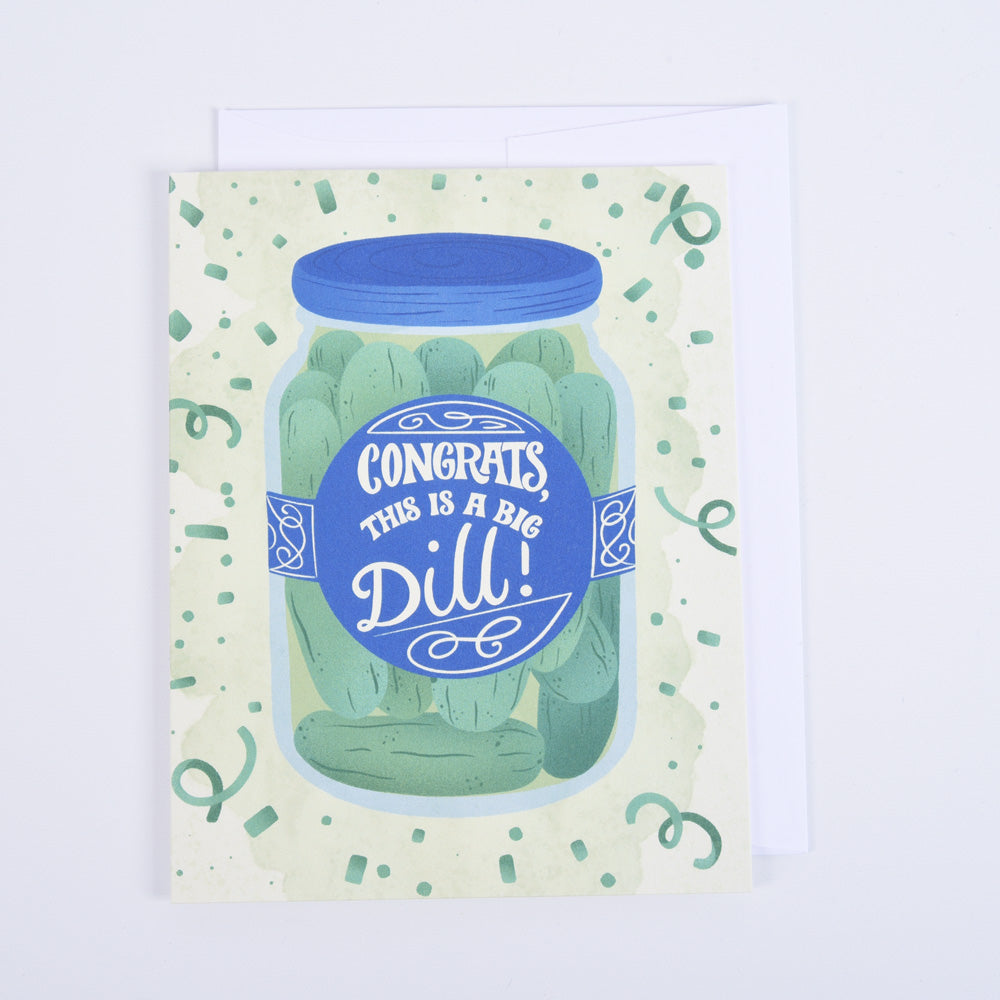 A folded greeting card with a colorful illustration of a pickle jar and the text &