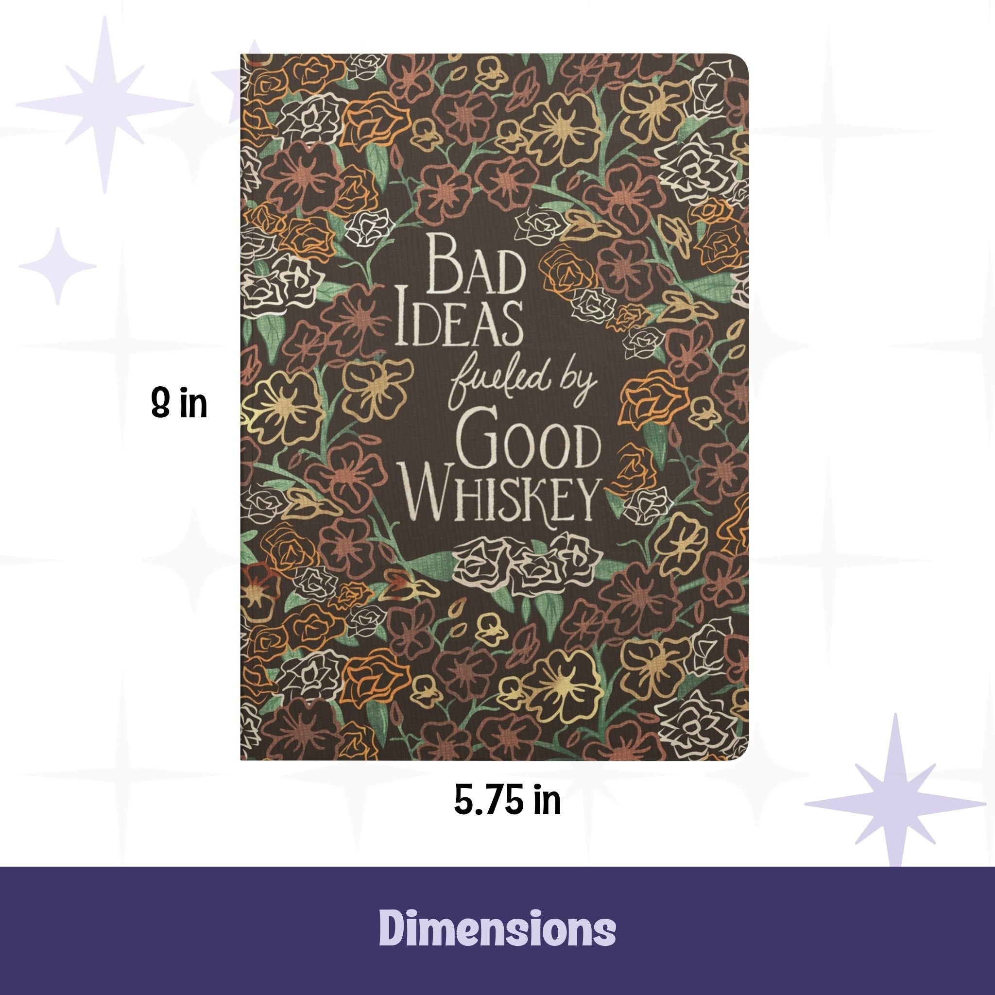 Cowgirl floral softcover notebook with dimensions labeled 5.75 inches wide by 8 inches tall