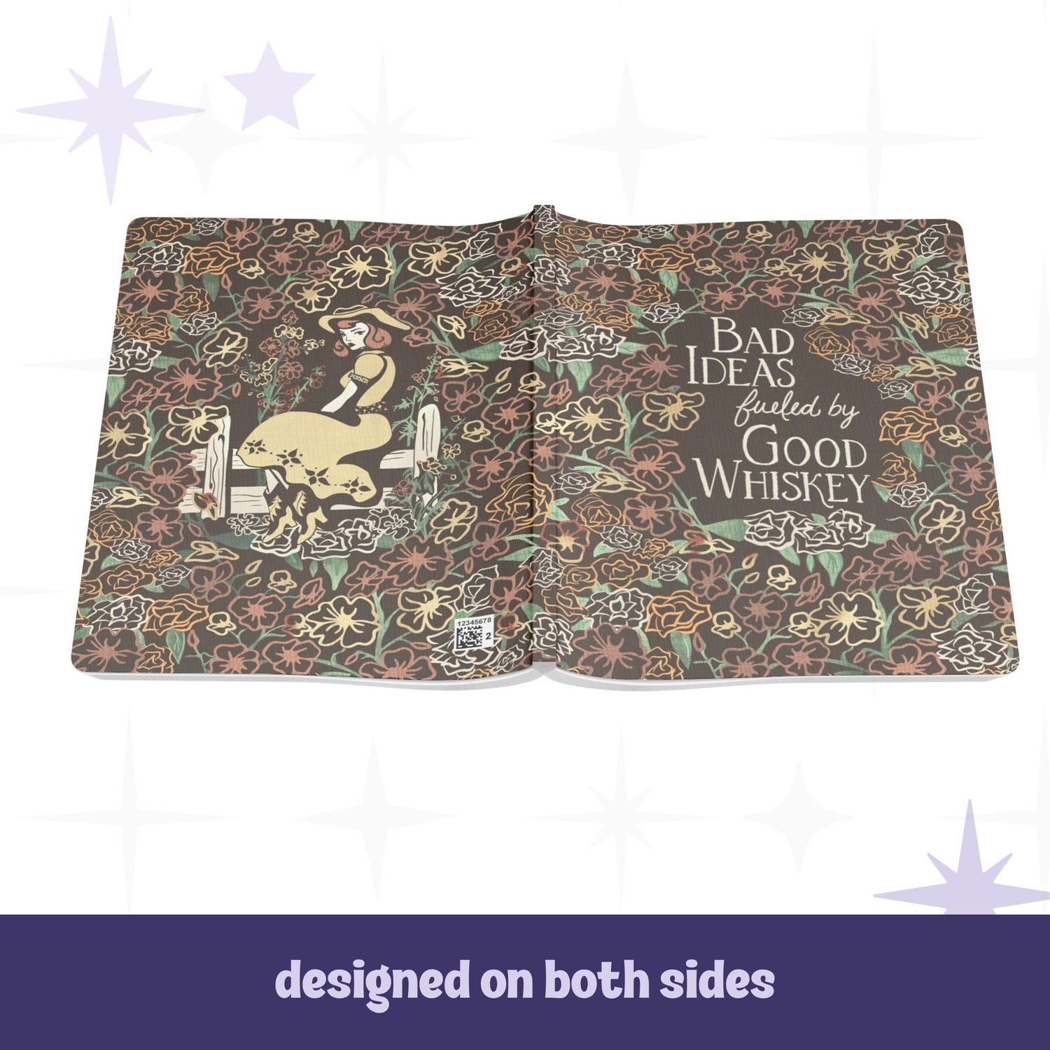 Cowgirl floral notebook open flat showing full wrap design with pinup illustration on back cover and hand-lettered text on front cover