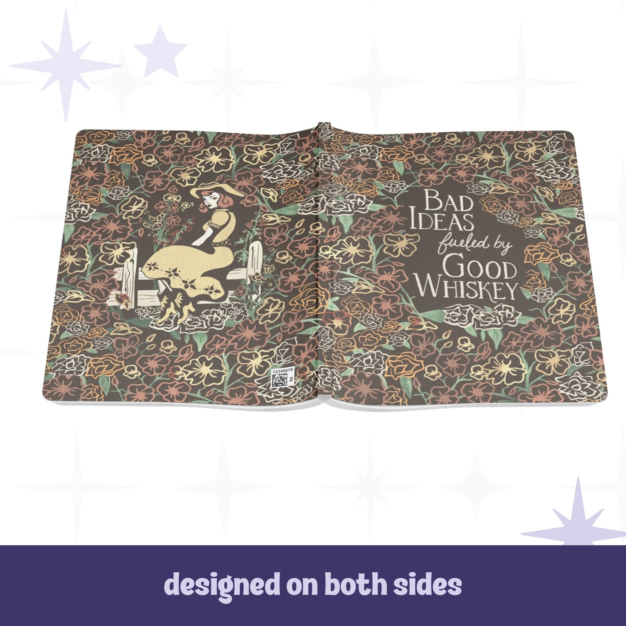 Cowgirl floral notebook open flat showing full wrap design with pinup illustration on back cover and hand-lettered text on front cover