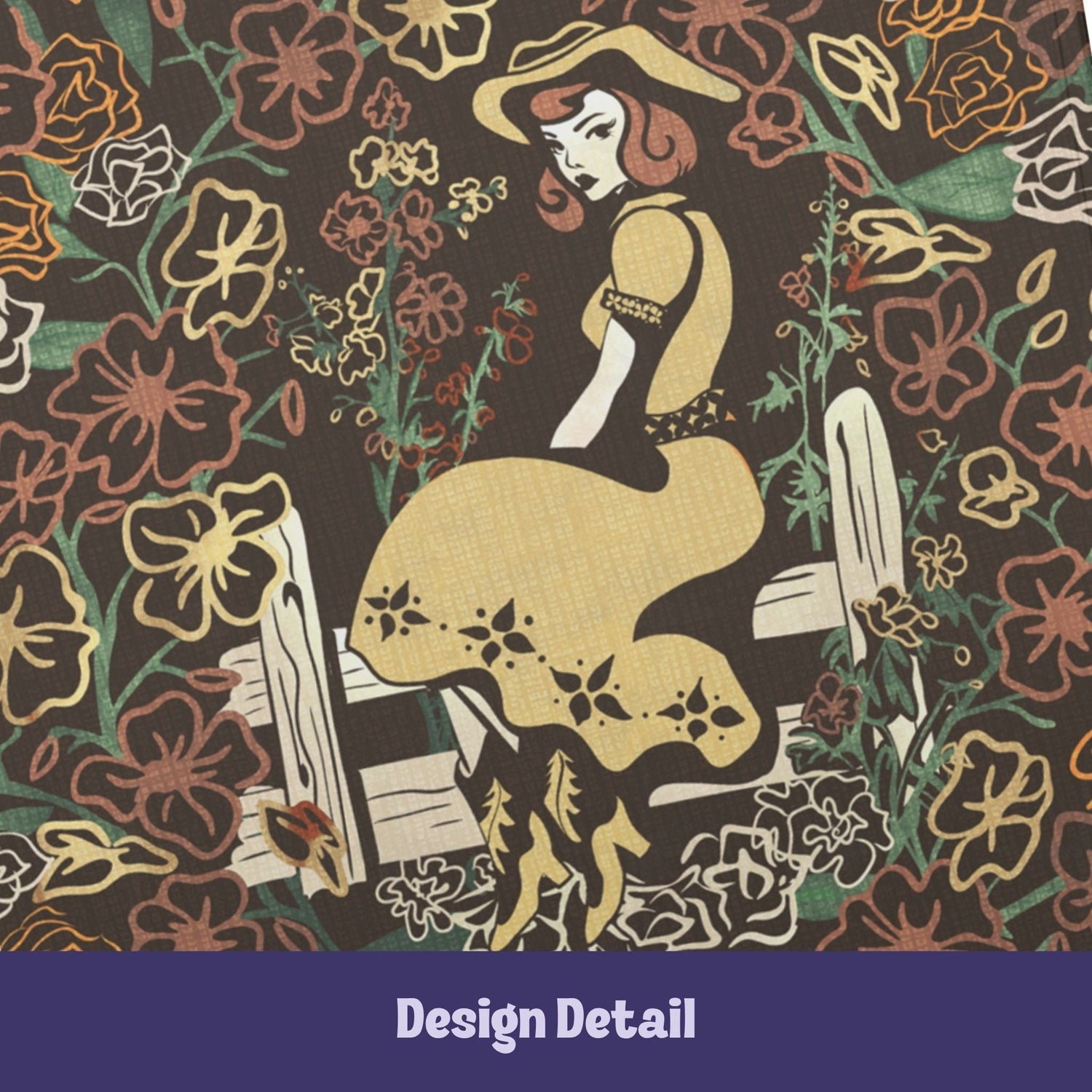 Design detail of retro pinup cowgirl in golden dress and cowboy hat seated on rustic fence surrounded by hand-drawn wildflowers