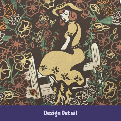 Design detail of retro pinup cowgirl in golden dress and cowboy hat seated on rustic fence surrounded by hand-drawn wildflowers