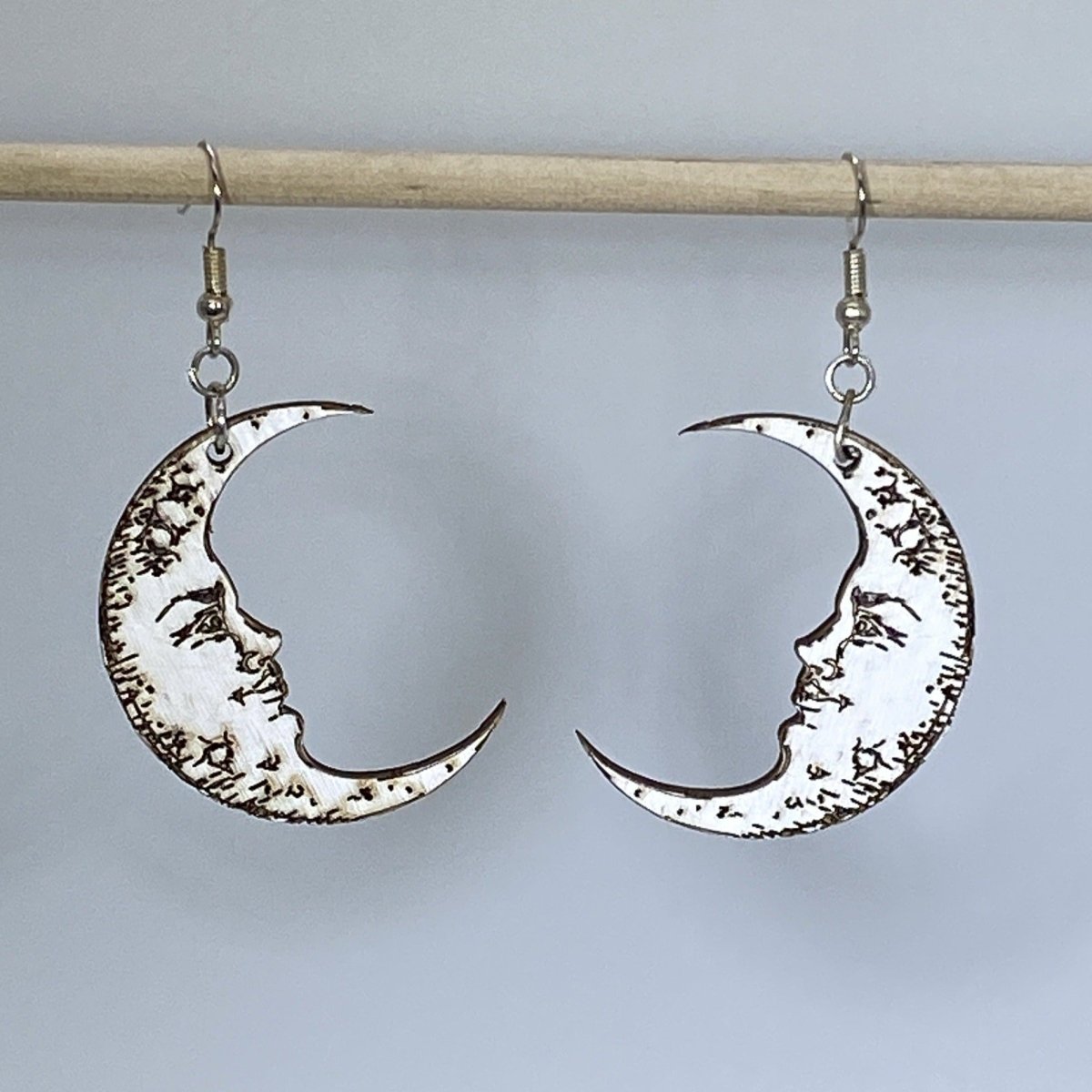 Crescent Moon Face Wooden Dangle Earrings - - Cate&