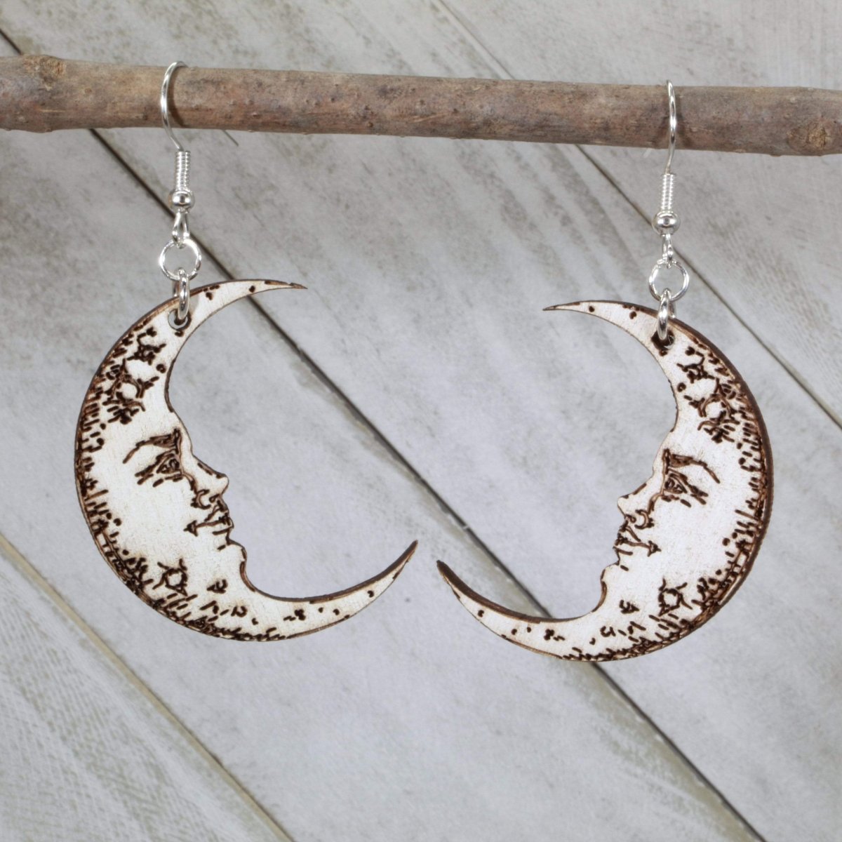 Crescent Moon Face Wooden Dangle Earrings - - Cate&