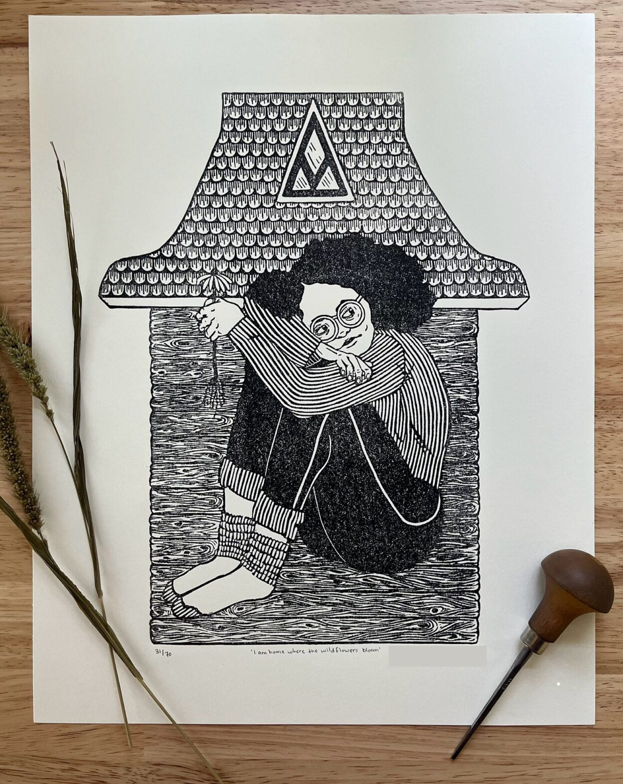 “I am home where the wildflowers bloom” Limited Edition Linoleum Block Print