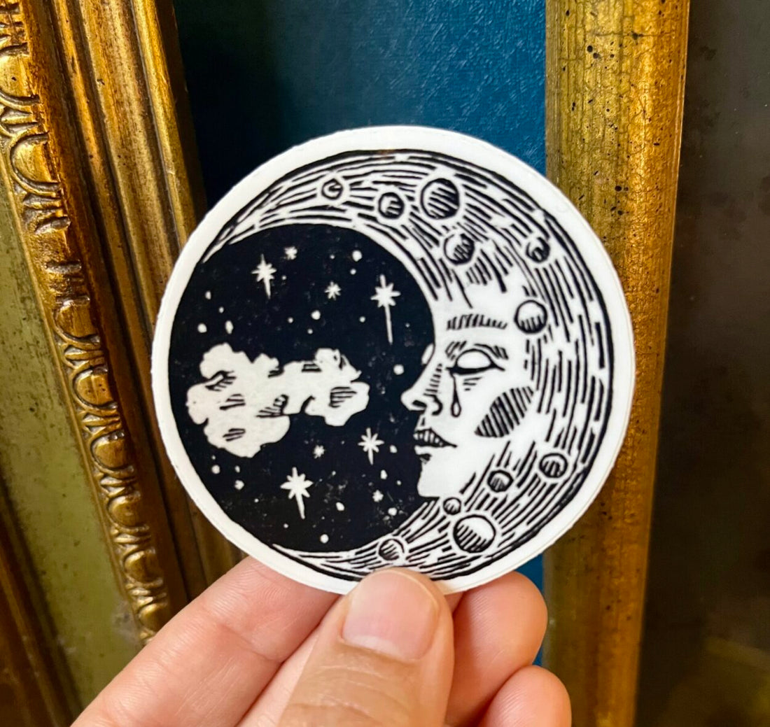 Sad Moon Sticker - weatherproof adhesive, UV protective laminate
