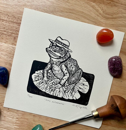 "Stay Authentic" signed edition linocut - whimsical frog print