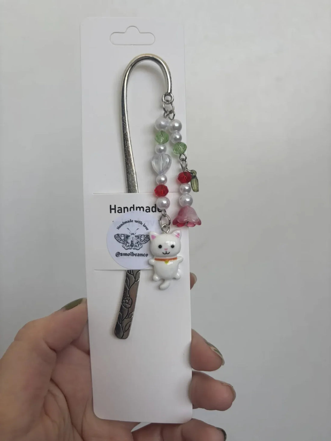 White Cat Beaded Bookmark