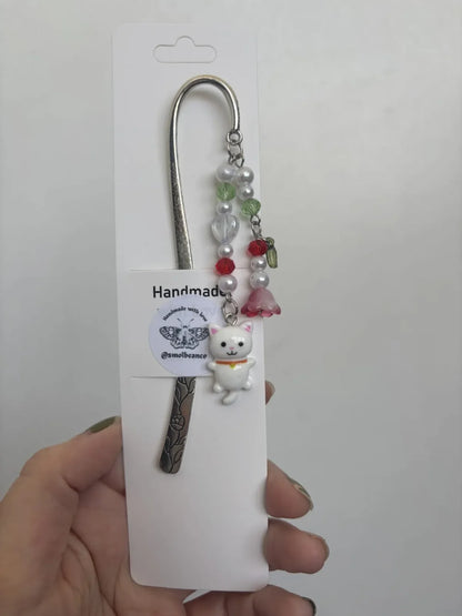 White Cat Beaded Bookmark