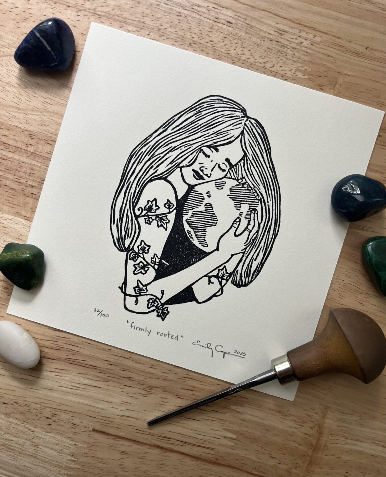 “Firmly rooted” limited edition linoleum block print- earth lover art, grounded print