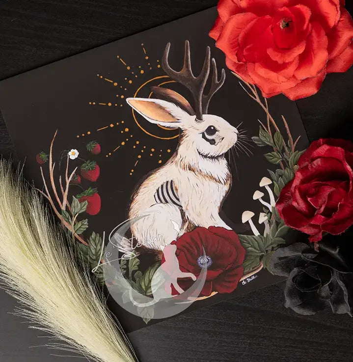 Jackalope Hand-painted Art Print: Gothic Cryptid Rabbit, Dark Cottagecore Decor