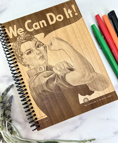 Rosie the Riveter Notebook with Lined Pages - Laser Engraved Wood
