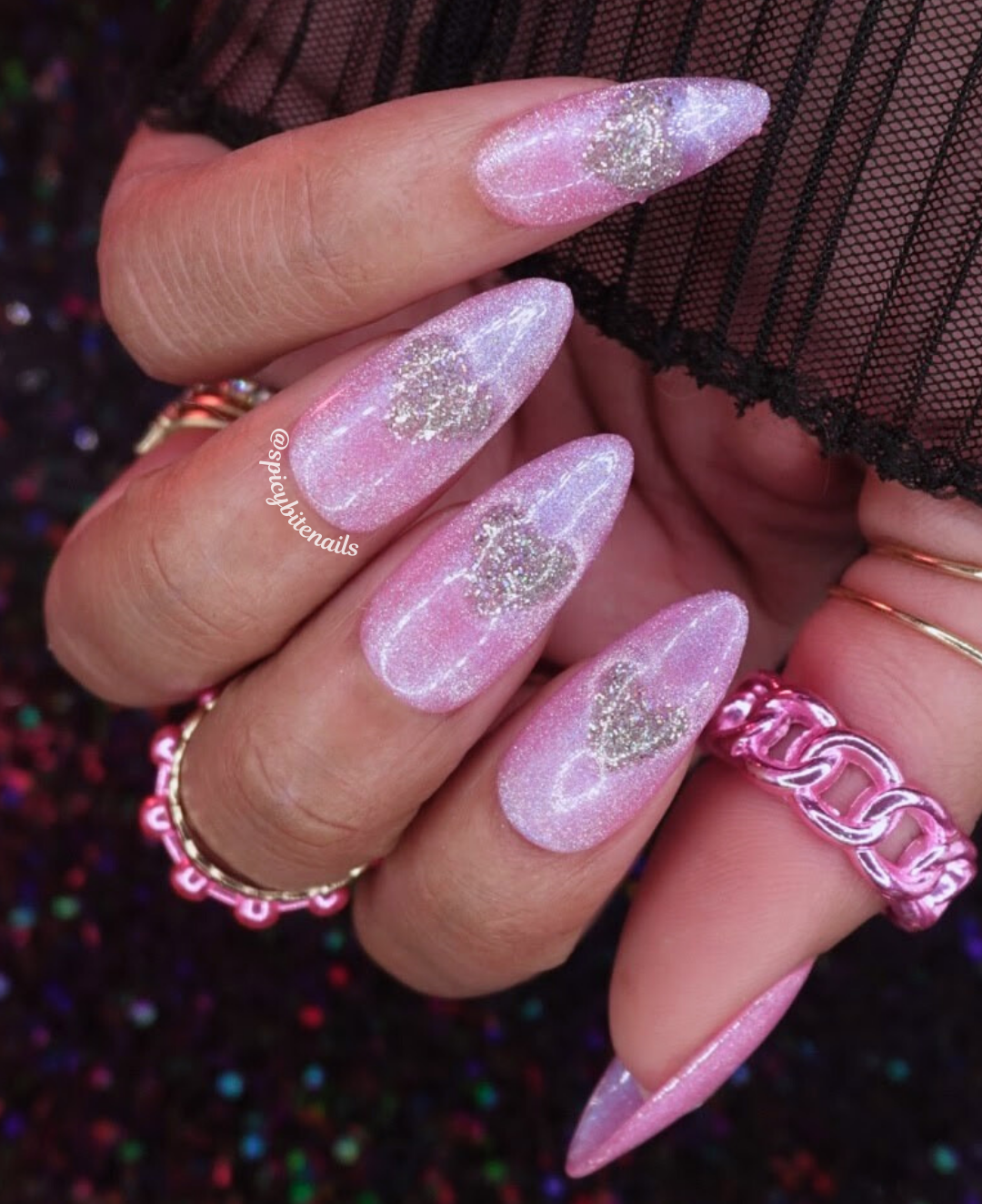 Sugar Rush - Pink and Silver Cat-Eye Heart Press-On Nail Extensions 10pcs