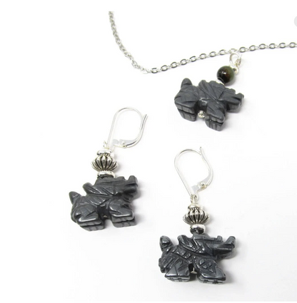 Carved hematite dragon jewelry set, earring and necklace for the fantasy lover