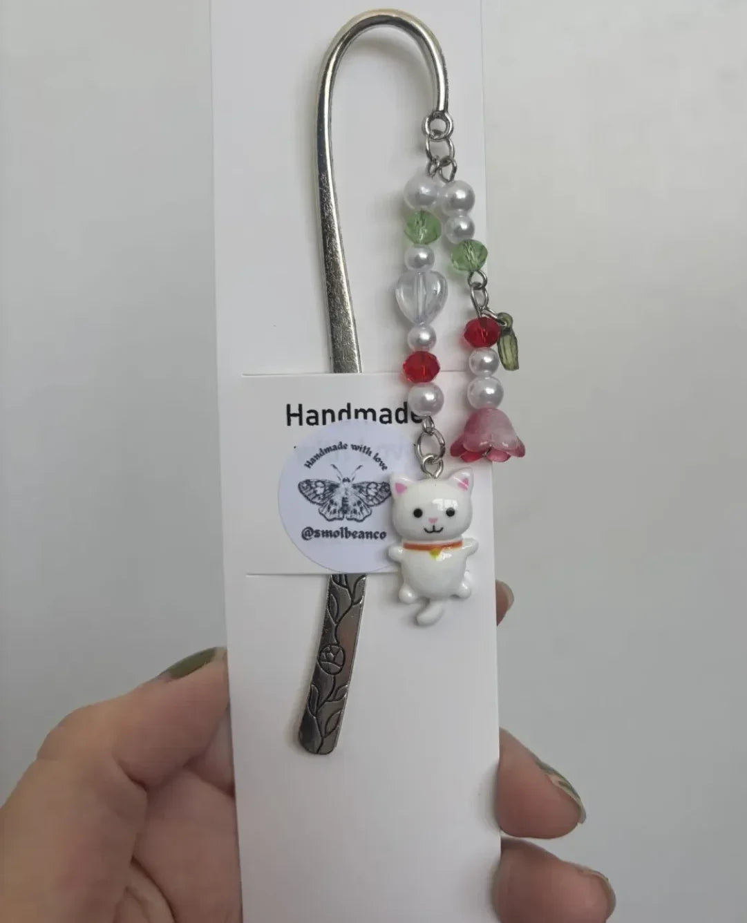 White Cat Beaded Bookmark